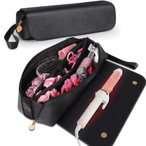 SS Hair Tools Travel Bag and Heat Resistant Mat for Hot Tools, Leather Curling Iron Travel Case for Hair Tools, Portable Travel Essentials for Women, Black