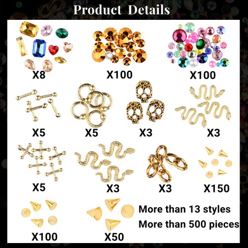Kikonoke 300 Pcs Cone Rivet with 3D Metal Skull Cross Chains Snakes Vintage Alloy Nail Charms Glass Pointed Bottom Gems and Resin Rhinestones for Women Girls Metal Nail DIY (Gold)
