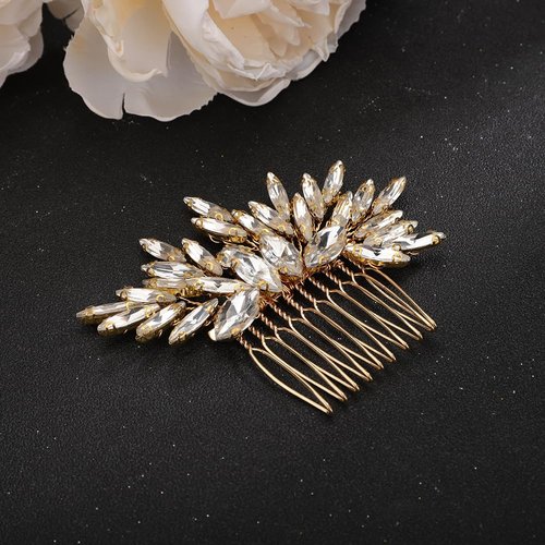 Teyglen Bridal Wedding Hair Comb Gold Crystal Bride Hair Side Comb Handmade Red Blue Black Rhinestone Crystal Hair Pieces Hair Accessories for Bride Vintage Headpieces for Women Bride Girls (Gold)