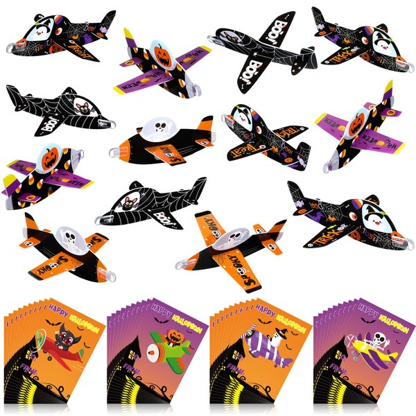 Halloscume 40 Sets Halloween Foam Glider Planes with Cards for Friends Bulk Lightweight Flying Airplane Gliders Toys for Halloween Party Gifts Classroom Prizes Halloween Party Favor and Supplies