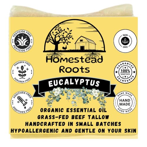 Homestead Roots - Eucalyptus- Handcrafted with Grass-Fed Beef Tallow and Organic Oils - Scented with Organic Essential Oils - Artisanal Bar Soap - 3 Pack - Each Bar Unique, Beige