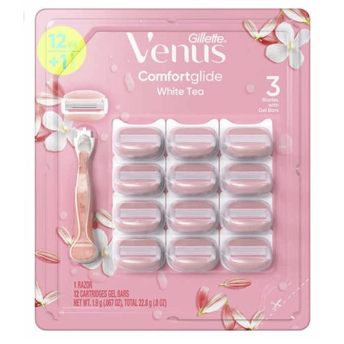 Venus Gillette 3 Razor Blade ComfortGlide White Tea with 12 Gel Cartridges