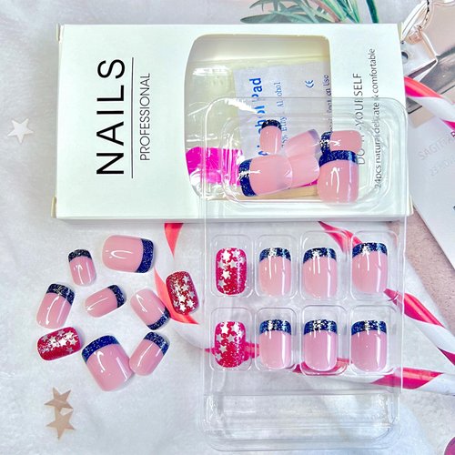 Blue French Tips Press on Nails Short Square Independence Day Fake Nails American Flag False Nails 4th of July Star Sequin Glitter Acrylic Nails Patriotic Full Cover Stick on Nails for Women 24Pcs