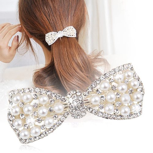 E EMZHOLE Elegant Hair Barrettes Rhinestone Pearl Bow Hairpin Jewelry Crystal Headdress Diamond Hairpin Hair Accessories Hair Clips (White)