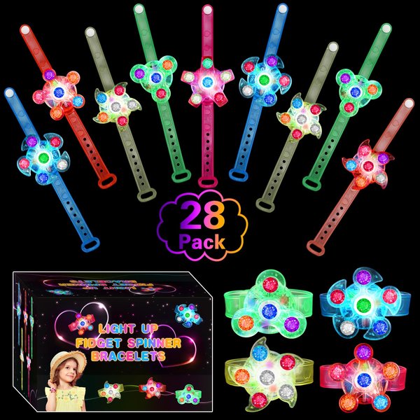 28 Pack LED Light Up Fidget Spinner Bracelets, Party Favors for Kids 4-8 8-12 Glow in The Dark Party Supplies Treasure Box Toys for Class Birthday Gifts Xmas Stocking Stuffers for Teens Goodie Bags