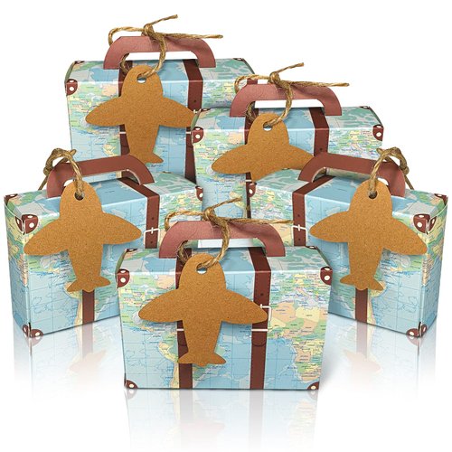 CHolic 50Pcs Party Favor Candy Box, World Map Mini Suitcase Favor Box, Vintage Kraft Paper with Tags and Burlap Twine for Travel Themed Party, Bridal Shower, Wedding Decorations