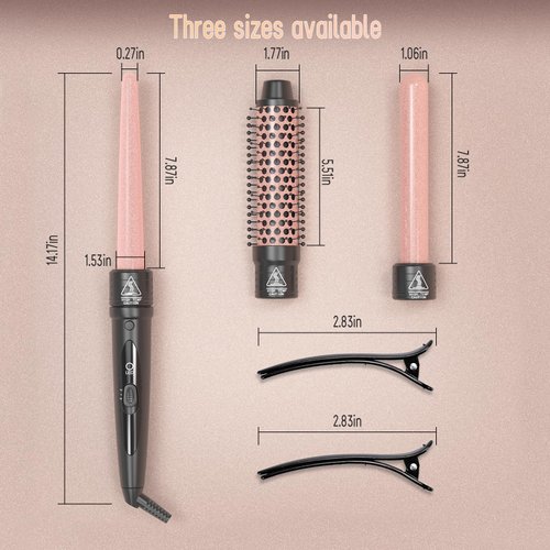 3 in 1 Round Brush Curling Iron Set,Ceramic Curling Wand (0.35"-1") 11/2 Inch Professional Heat Round Brush,30-Second Fast Heat-up, Detachable Dual Voltage Curling Iron - Hair Beauty Essentials