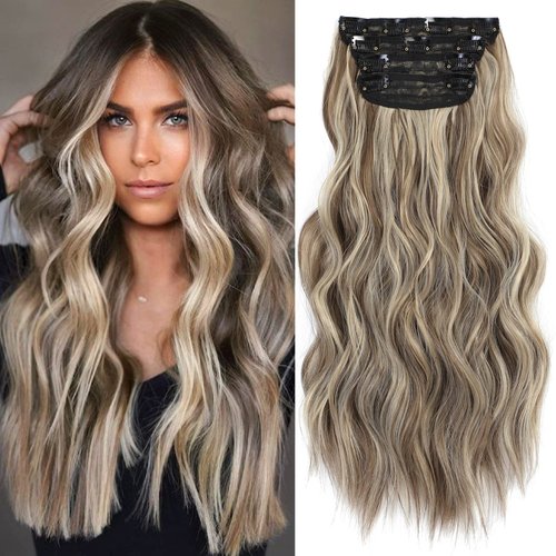 Dorsanee Clip in Hair Extensions 20 Inch 4pcs Medium Brown Mixed Blonde Long Wavy Highlight Hair ...