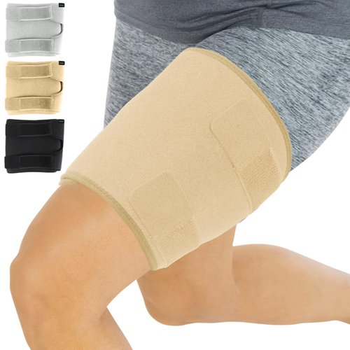 Vive Thigh Brace - Hamstring Quad Wrap - Adjustable Compression Sleeve Support for Pulled Groin Muscle, Sprains, Quadricep, Tendinitis, Workouts, Sciatica Pain and Sports Recovery - Men, Women (Beige)