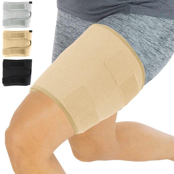 Vive Thigh Brace - Hamstring Quad Wrap - Adjustable Compression Sleeve Support for Pulled Groin Muscle, Sprains, Quadricep, Tendinitis, Workouts, Sciatica Pain and Sports Recovery - Men, Women (Beige)