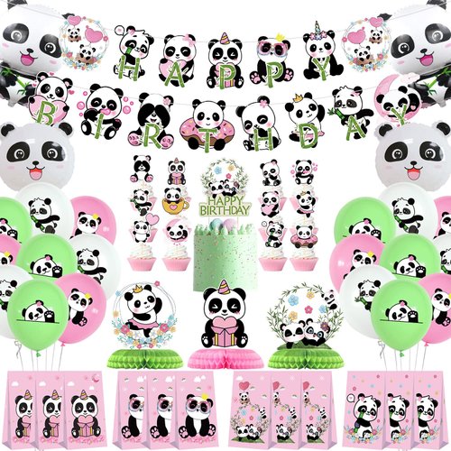 KEFAN Panda Birthday Party Decorations for Girls, Cute Cartoon Panda Birthday Party Supplies including HAPPY BIRTHDAY Banner, Cake Toppers, Table Centerpieces, Candy Bags, Panda Foil Balloons, Panda Print Balloons for Girl's Birthday Party Baby Shower