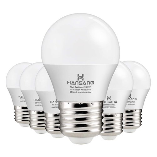 hansang A15 LED E26 Small Light Bulb, Daylight 5000K, 60Watt Equivalent Ceiling Fan Light Bulbs, E26 Standard Base Appliance Light Bulb, 600 Lumen, CRI85+, Eye Protection, 120V, Non-Dimmable 6 Pack