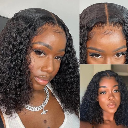 ISEE Short Curly Bob Wigs Brazilian Virgin Human Hair 4x4 Lace Front Wigs Kinky Curly Hair For Black Women Pre Plucked with Baby Hair 150% Density(16inch, 4x4)