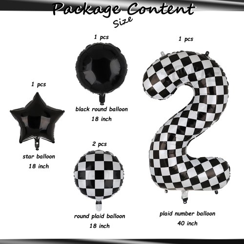 40 Inch Checkered Number Balloon 2 Black and White Two Fast Race Car Birthday Balloons Baby Hippie Smile Party Shower Boys 2nd Birthday Race Car Theme Party Decor Supplies 5 Pcs