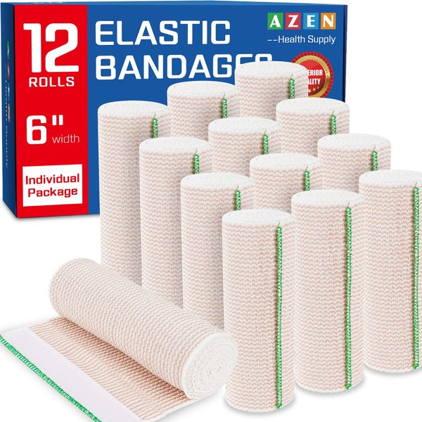 AZEN Premium 12 Pack Elastic Bandage Wrap 6 Inch, Compression Wrap Bandage for Legs, Ankle, Knee, Tummy, Body, Latex-Free, Lymphedema Wraps for Legs