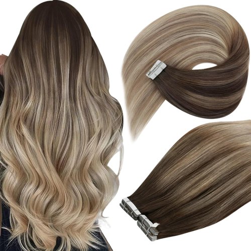Ve Sunny Ombre Tape in Extensions Brown to Blonde Hair Extensions Real Human Hair Tape ins Balayage Tape in Hair Extensions Dark Brown Ombre Golden Blonde Mix Platinum Blonde 20pcs 50g 16inch