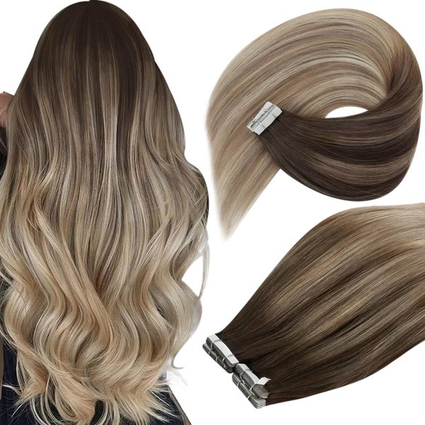 Ve Sunny Ombre Tape in Extensions Brown to Blonde Hair Extensions Real Human Hair Tape ins Balayage Tape in Hair Extensions Dark Brown Ombre Golden Blonde Mix Platinum Blonde 20pcs 50g 16inch