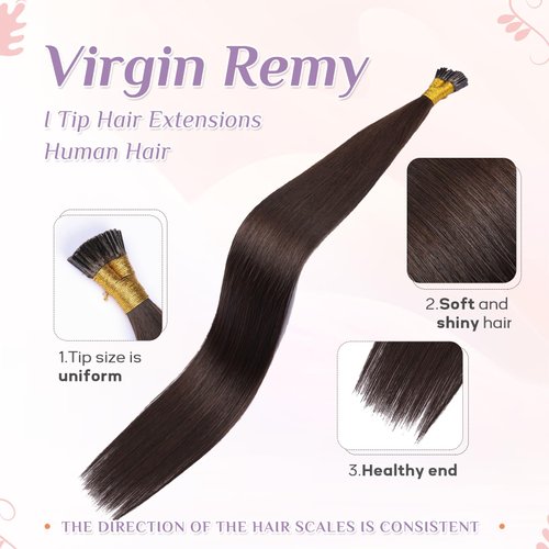 KiiKiiGirl Virgin Remy I Tip Hair Extensions - Human Hair #2 Dark Brown Real Itip Human Hair Extensions 18Inch Natural Black to Silver I Tips Human Hair Extensions Invisible 50G/Pack