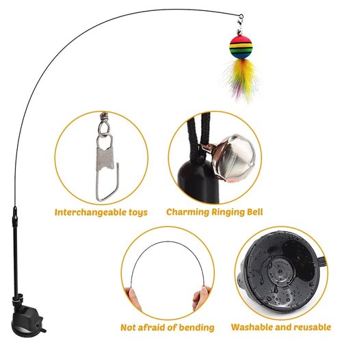 MiOYOOW Cat Feather Toy, Interactive Cat Teaser Feather Cat Toy Set with Dual Ended Suction Cup/ 4 Feather Refills for Indoor Cats Kittens