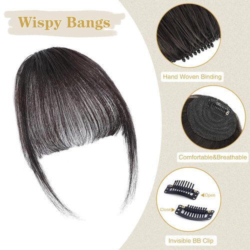 HH FASHION Clip in Bangs - 100% Human Hair Bangs Clip in Hair Extensions Brown Black Wispy Bangs, Clip on Air Curtain Bangs Fringe With Temples Hairpieces Curved Bangs For Women Daily Wear
