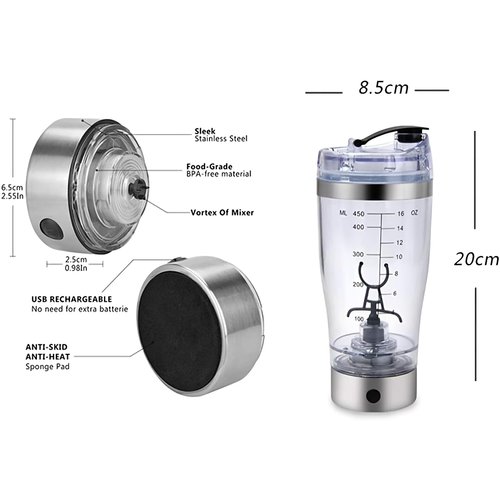 Electric Protein Shaker, Blender Bottle for gym or preworkout, Shaker Water Bottle with Action-Rod Wire Mixer, Helimix drink mixer, Shaker Bottles for Protein Mixes With Storage 16oz (black)