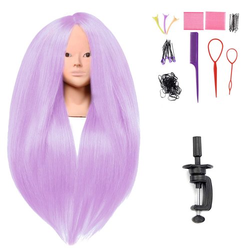 SILKY 26"-28" Long Hair Mannequin Head with 60% Real Hair, Hairdresser Practice Training Head Cosmetology Manikin Doll Head with 9 Tools and Clamp - Purple, No Makeup