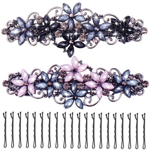 Mity rain Hair Clips for Women, Glitter Elegant Hair Barrettes Rhinestones Flower French Clip Hair Jewelry Hair Pins Accessories for Women Girls (2pcs Hair Clips +20pcs bobby pins)