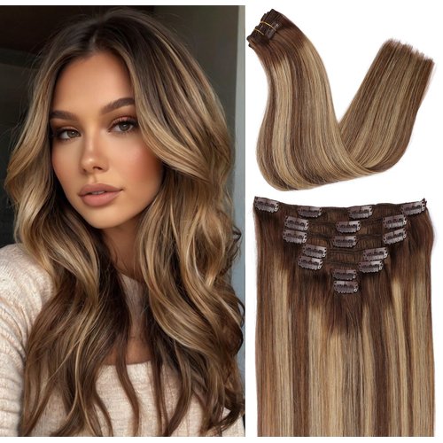 ORIGEN Clip in Hair Extensions Real Remy Human Hair Chocolate Brown to Caramel Blonde Highlights Straight Hair for Women 7pcs 120g 20 Inches