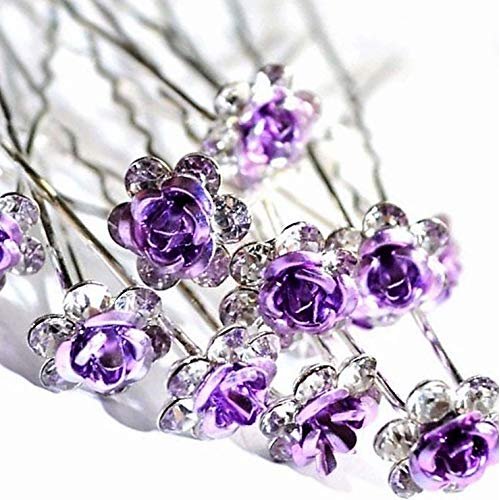Various Beautiful Designs of Pearl/Crystals and Rhinestone Flower Hair Pins for Brides/Bridesmaids/Prom/Sweet Sixteen/Quinceanera/Weddings - Set of 20 (Purple Roses)