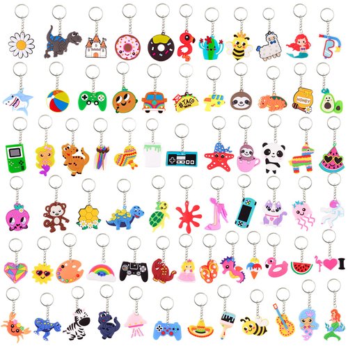 Lecinc 70Pcs Video Game Party Favors Video Game Keychains for Kids Birthday School Party Dinosaur Donut Marine Animal Mermaid Rainbow Bulk Keychains for Birthday Party Supplies