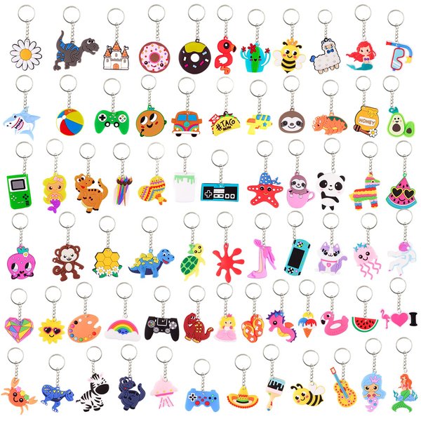 Lecinc 70Pcs Video Game Party Favors Video Game Keychains for Kids Birthday School Party Dinosaur Donut Marine Animal Mermaid Rainbow Bulk Keychains for Birthday Party Supplies