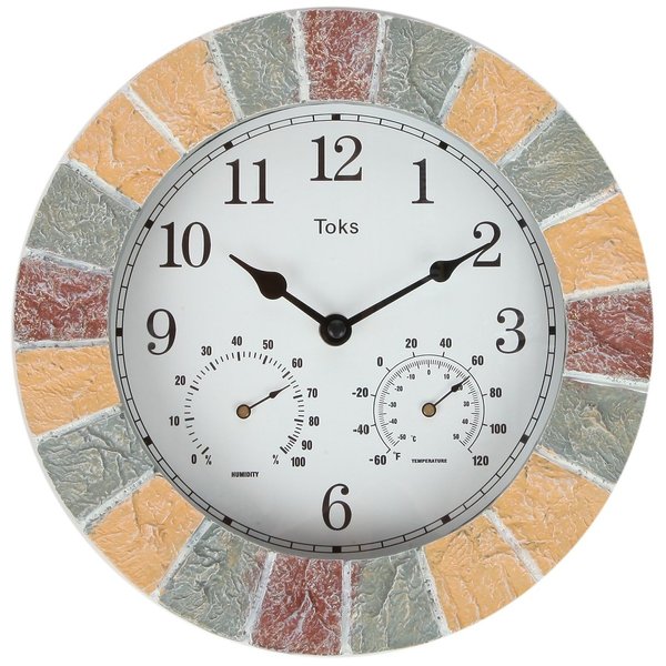 Lily's Home Hanging Wall Clock, Includes a Thermometer and Hygrometer and is Ideal for Indoor and Outdoor Use, Faux-Stone (10 Inches)