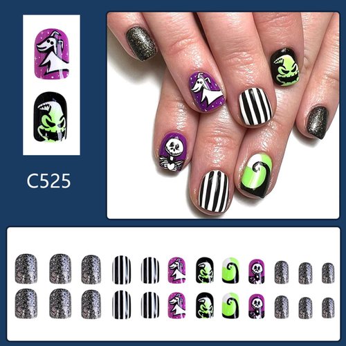 Generic Halloween Press on Nails Green Ghost Short Square Fake Nails Day of the Dead Glossy Glue on Nails for Women Girls DIY Nail Art