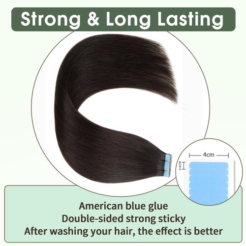 TANJET Tape in Hair Extensions Human Hair Natural Black 20 Inch Straight Seamless Invisible Skin Weft Thick Soft Straight Off Black Human Hair Extensions Tape (#1B 20 Inch 50g/Pack 20pcs)