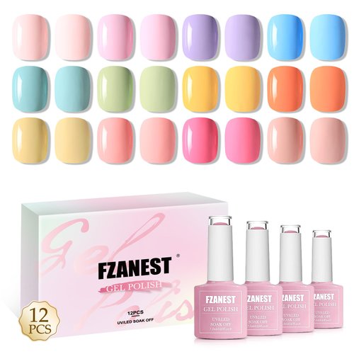 FZANEST Hema Free Gel Nail Polish Set,12 * 7.5ml Spring Summer Macaron Candy Colors UV Gel Polish Kit,Light Soft Nude Pink Green Blue Purple Yellow Gel Nail Art Manicure
