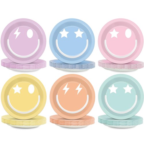 48Pcs Pastel Smile Face Party Supplies Pastel Smile Face Paper Plates 7" Colorful Preppy Smile Face Dessert Plates Preppy Party Decorations for Kids Birthday Baby Shower Party Favors Serves 48 Guests
