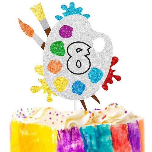 8th Slime Cake Topper - Art Themed Palette Painting Graffi Boy Girl Happy Birthday Party Decorations Supplies - Eight Years Old Birthday Cake Decor