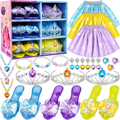 Princess Jewelry Boutique Dress Up & Elegant Shoe, Role Play Fashion Accessories of Crowns, Skirts, Necklaces, Bracelets, Rings, Gift Toys for Age 3 4 5 6 Year Old Girls Kids Toddlers Party Favors