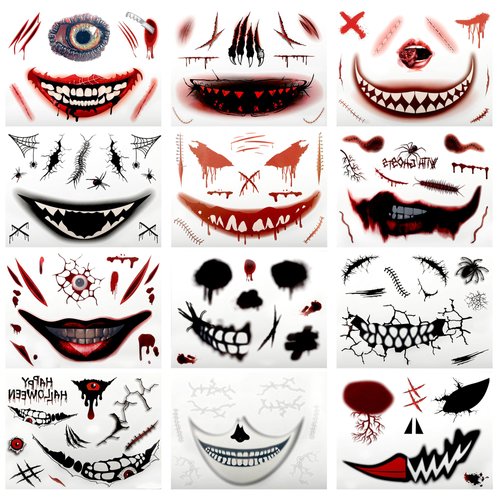 12 Sheets Scary Halloween Temporary Face Tattoo Stickers For Women Men Adults,Big Mouth Spider Fake Bloody Wounds Prank Makeup Kit,Horror Halloween Face Decals