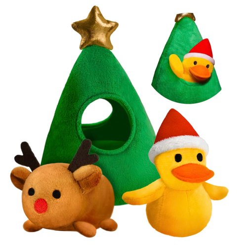 TAILMORR Hide and Seek Plush Dog Toys for Boredom, Crinkle Squeaky Fun Christmas Tree Burrow, Colorful Interactive Dog Toy Puzzle for Small & Medium Breeds - Duck and Reindeer