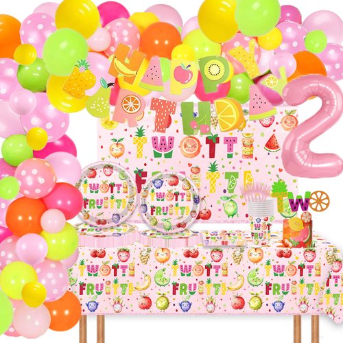 175 Pcs Twotti Fruity Birthday Decorations Twotti Frutti Dinnerware Summer Luau Backdrop Balloon Garland Banner Cake Topper Table Cloth for Fruit Theme 2nd Birthday Party Decorations Supplies