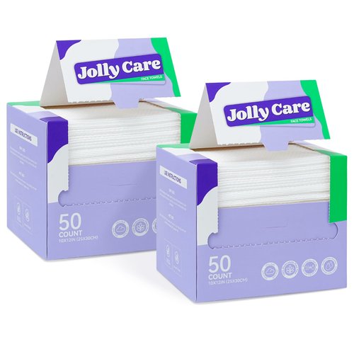 Jolly Care Disposable Face Towels, 10"×12" XL Face Towelette Disposable, Soft Makeup Remover Dry Wipes, Thick Facial Tissue for Women Cleansing, Skin Care, 50 Count (2 Pack)