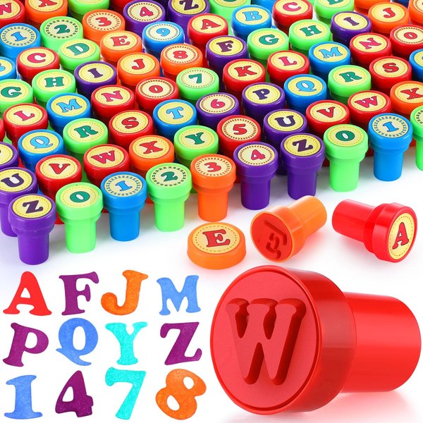 Motiskyy 72 Pcs Number and Alphabet Stamps Letter Stamps for Boys and Girls Number Stamps Self Inking ABC Stamps for Classroom Rewards Birthday Party Supplies