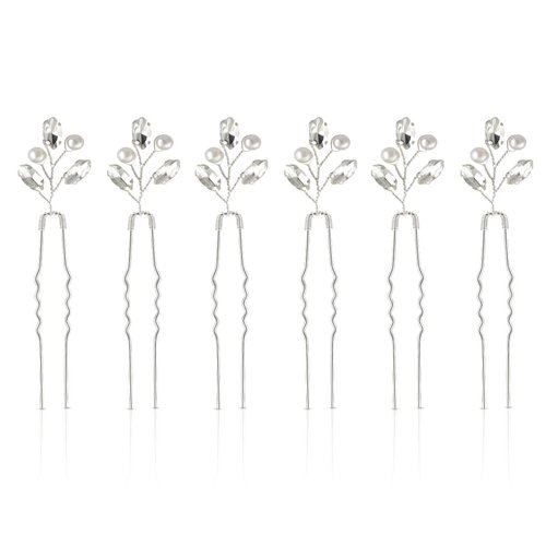 Bridal Hair Accessories - Silver Rhinestone and Pearl Hair Clips, Crystal Flower and Leaf Hair Pins for Brides, Bridesmaids and Women (6 Pieces)