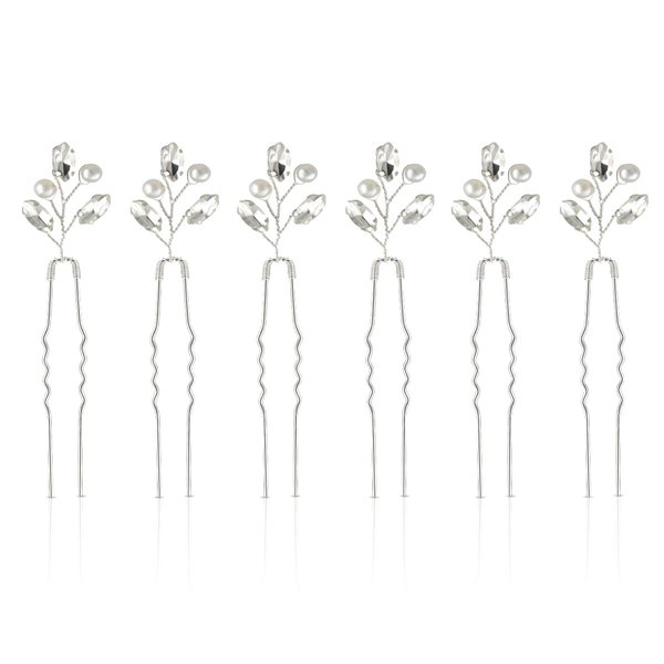 Bridal Hair Accessories - Silver Rhinestone and Pearl Hair Clips, Crystal Flower and Leaf Hair Pins for Brides, Bridesmaids and Women (6 Pieces)