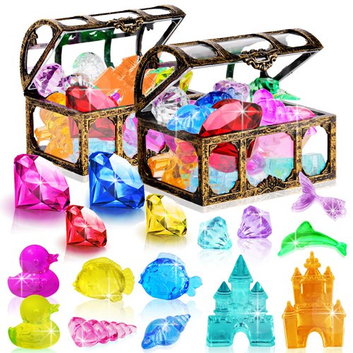 Thuodo 28 Pcs Diving Gem Pool Toys Colorful Diamond Set with Treasures Pirate Box Summer Water To...