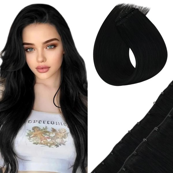 Sunny Hair Beaded Weft Hair Extensions Human Hair 50G Micro Bead Weft Hair Extensions Real Human Hair Straight Weft Hair Extensions with Micro Beads Easy Weft Jet Black 24 inch