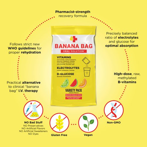 Banana Bag Oral Solution - Pharmacist Recovery Formula - Electrolyte & Vitamin Powder Packet Drink Mix - Variety Pack of 6
