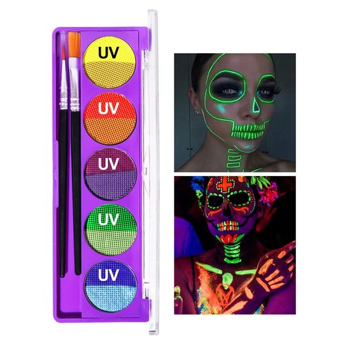 MAEPEOR Neon Face Body Paint Palette 10 Colors Glow In The Dark Eyeliner Painting Palette Neon Fluorescent Water Activated Face and Body Paint with Brush for Halloween Christmas (Set 01)