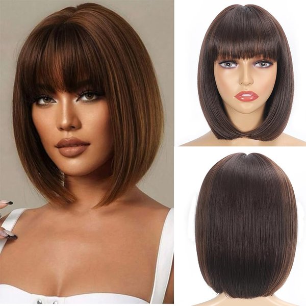GUOJIAN 12 Inch Short Bob Wigs with Bangs Straight Bob Wigs for Women Synthetic Bob Wigs Natural Looking for Daily Party Cosplay (12inch, 4/30)